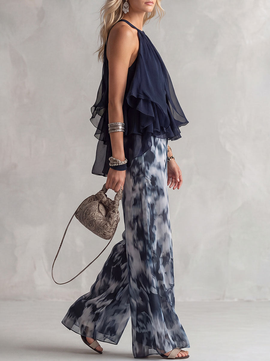 Pleated Ruffled Solid Color A-Line Sleeveless Halter-Neck Tank Top