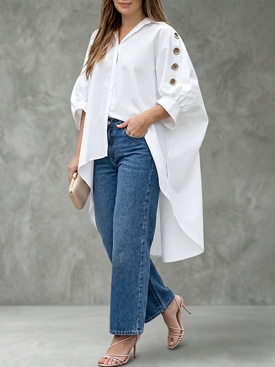 Buttoned Hollow Pleated Solid Color High-Low Loose Lapel Blouses&Shirts Tops