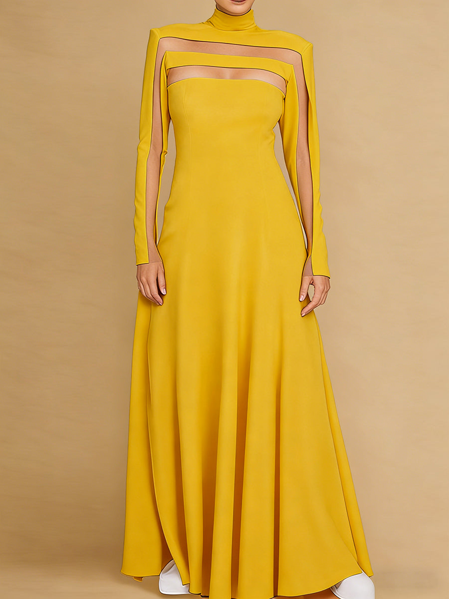 A-Line Long Sleeves Split-Joint High Neck Maxi Dresses