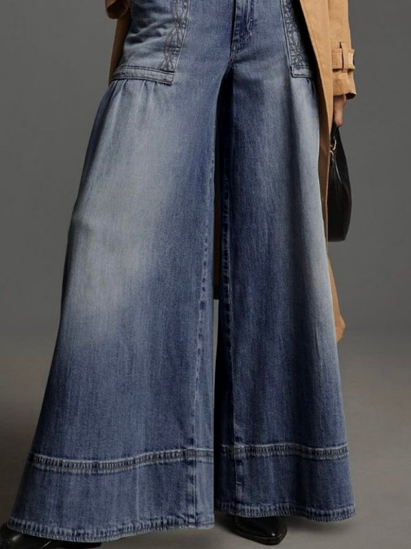 Wide Leg Buttoned Pockets Solid Color Split-Joint Zipper Jean Pants Bottoms Trousers