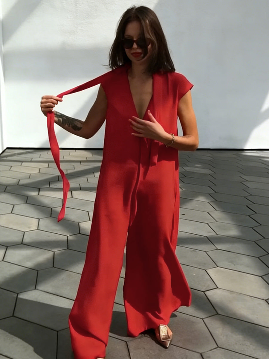 Pockets Solid Color Streamer Loose Wide Leg Deep V-Neck Jumpsuits