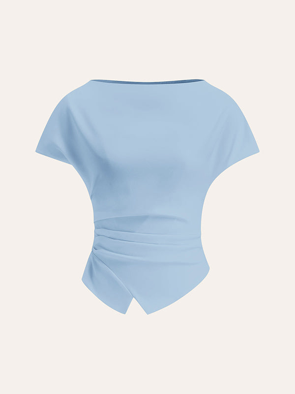 Loose Raglan Sleeve Asymmetric Pleated Solid Color Split-Joint Round-Neck T-Shirts
