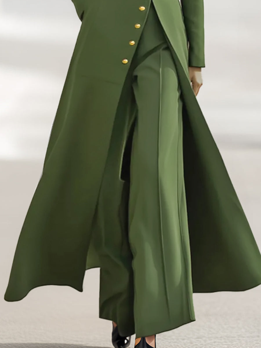 High Waisted Long Sleeves Buttoned Solid Color Split-Front Round-Neck Midi Dresses