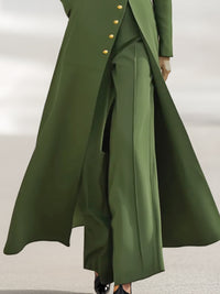 High Waisted Long Sleeves Buttoned Solid Color Split-Front Round-Neck Midi Dresses