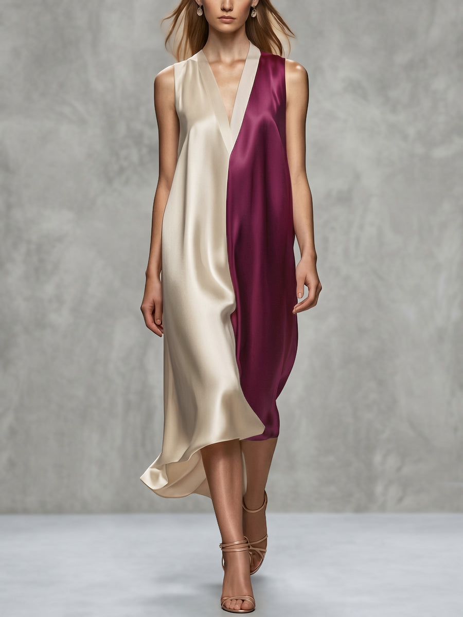 Contrast Color A-Line Loose V-Neck Midi Dresses