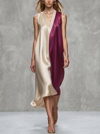 Contrast Color A-Line Loose V-Neck Midi Dresses