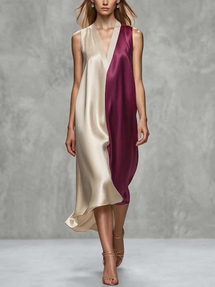 Contrast Color A-Line Loose V-Neck Midi Dresses
