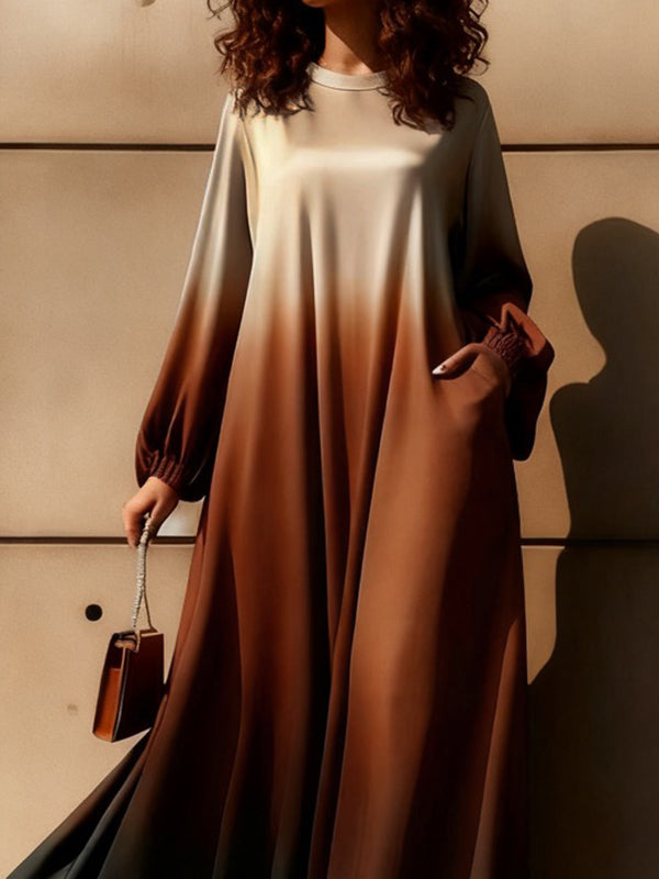 A-Line Long Sleeves Elasticity Gradient Pockets Round-Neck Maxi Dresses