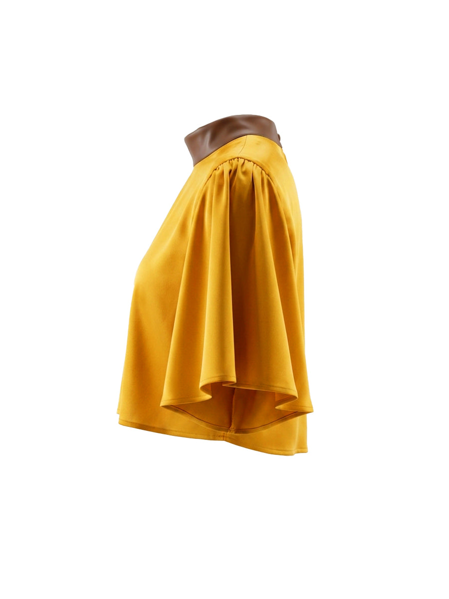 Contrast Color Pleated Cropped Flared Sleeves Stand Collar Blouses&Shirts Tops