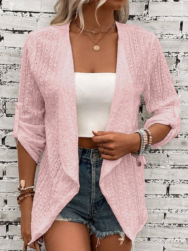 Long Sleeves Loose Buttoned Hollow Jacquard Solid Color Collarless Outerwear