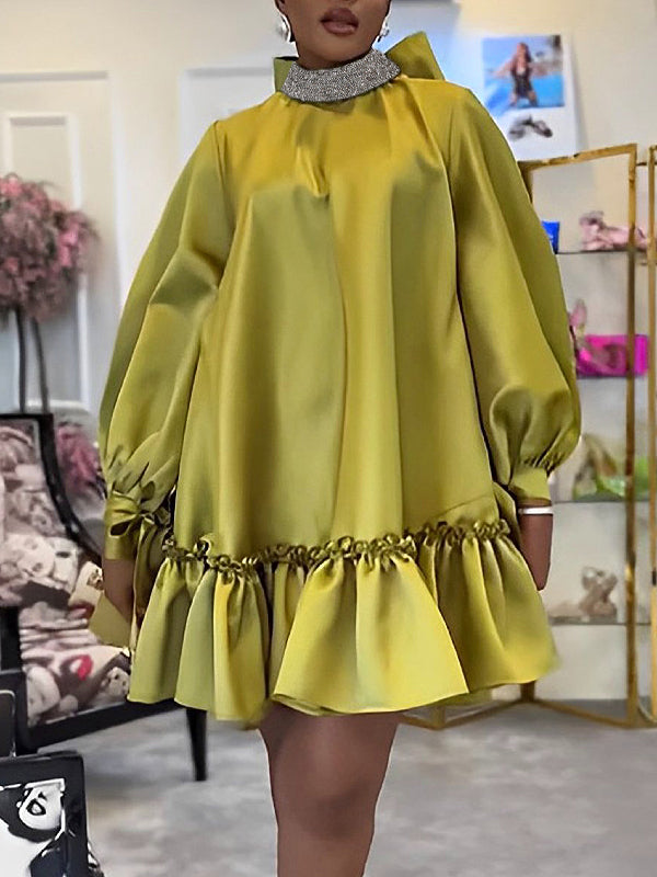 A-Line Long Sleeves Bowknot Pleated Rhine Stones Ruffled Solid Color Mock Neck Mini Dresses