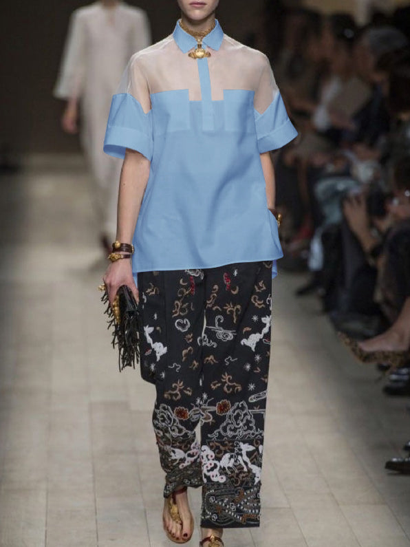 See-Through Solid Color Split-Joint Short Sleeves Lapel Blouses&shirts Tops