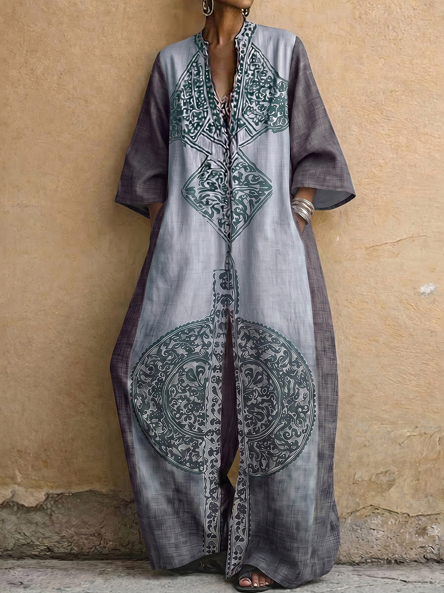 Loose Three-Quarter Sleeves Contrast Color Ethnic Printed Pockets V-Neck Jumpsuits