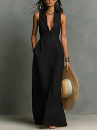 Buttoned Pockets Solid Color A-line High Waisted Lapel Shirt Dress Maxi Dresses