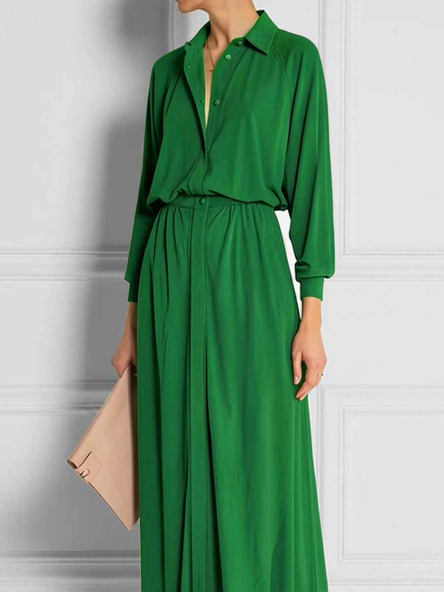 High Waisted Long Sleeves Buttoned Elasticity Solid Color Lapel Maxi Dresses