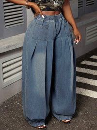 Elasticity Pockets Solid Color Loose Trousers Jean Pants Bottoms