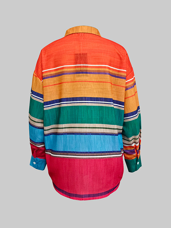 Long Sleeves Loose Buttoned Contrast Color Lapel Blouses&Shirts Tops