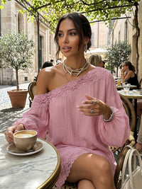 Solid Color Split-Joint Long Sleeves Loose One-shoulder Mini Dresses