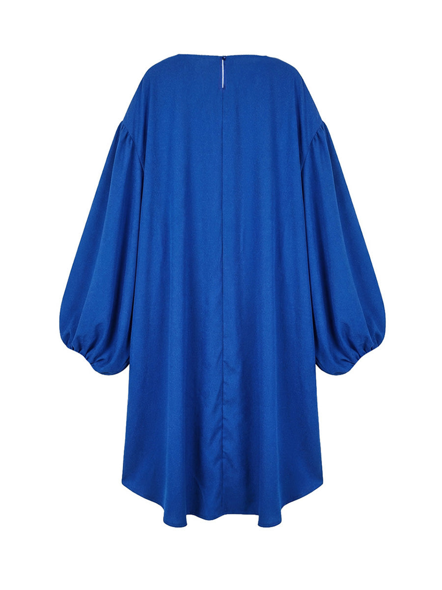 Batwing Sleeves High-Low Pleated Solid Color Split-Joint Round-Neck Midi Dresses