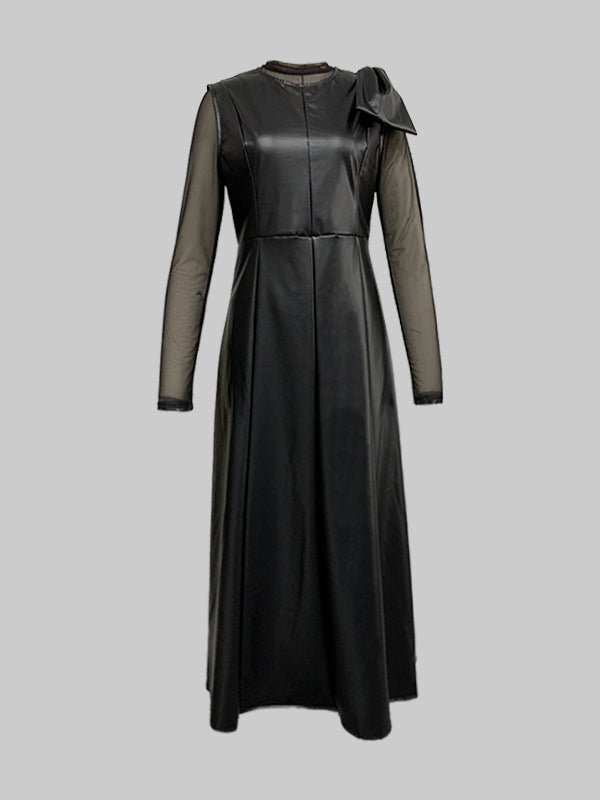 Bowknot Solid Color Split-Joint A-Line Long Sleeves Round-Neck Midi Dresses