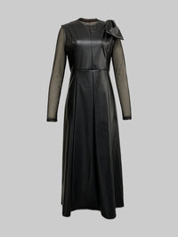 Bowknot Solid Color Split-Joint A-Line Long Sleeves Round-Neck Midi Dresses