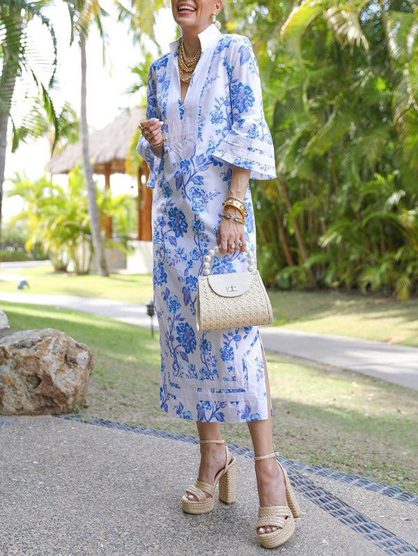 Flared Sleeves Loose Flower Print Split-Joint Split-Side Deep V-Neck Midi Dresses