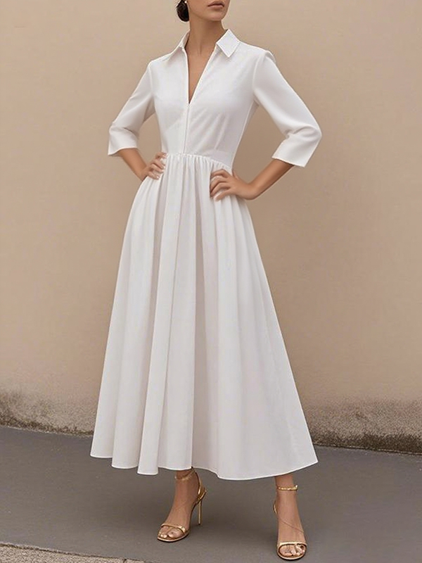 Pleated Solid Color A-Line High Waisted V-Neck Maxi Dresses