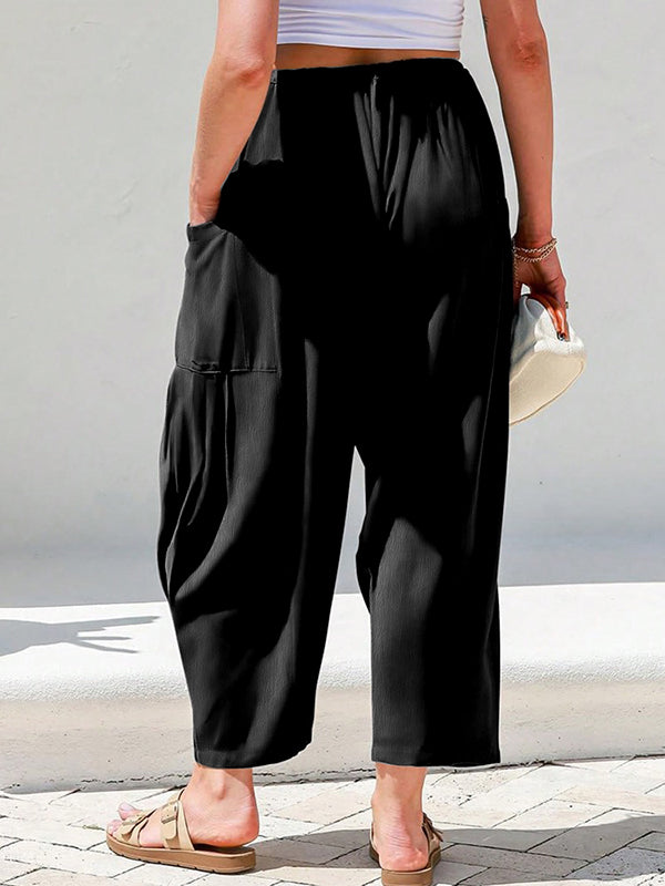 Column Loose Elasticity Pockets Solid Color Casual Pants Bottoms Trousers