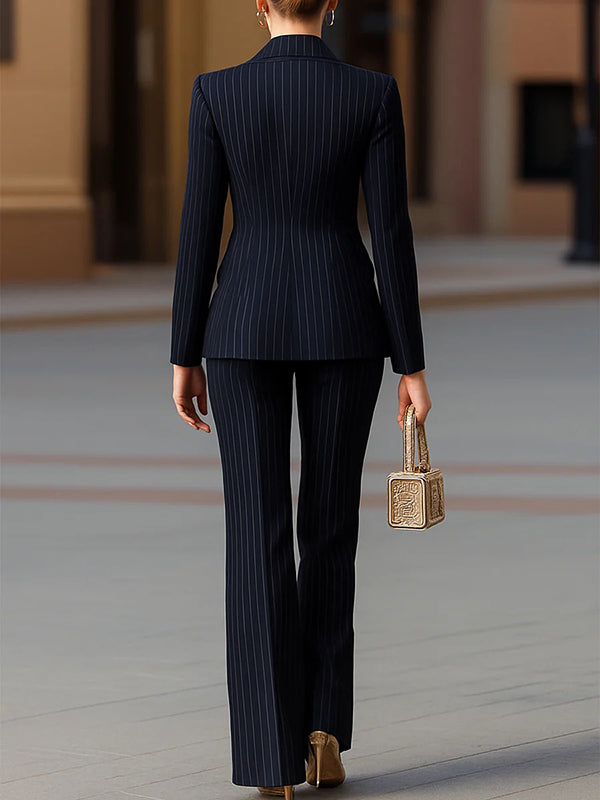 Buttoned Pockets Striped Long Sleeves Notched Collar Outerwear Blazer