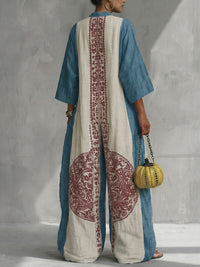 Loose Three-Quarter Sleeves Contrast Color Ethnic Printed Pockets V-Neck Jumpsuits