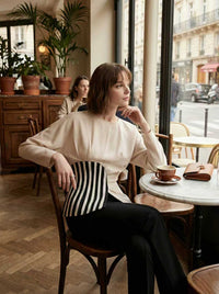 Irregularity Long Sleeves Asymmetric Pleated Split-Joint Striped Zipper Round-Neck Blouses&Shirts Tops