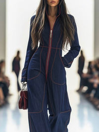 Zipper Long Sleeves Wide Leg Stand Collar Jumpsuits