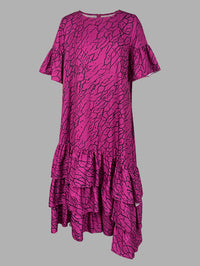 Flared Sleeves Half Sleeves Asymmetric Layered Pleated Printed Ruffle Trim Round-Neck Maxi Dresses