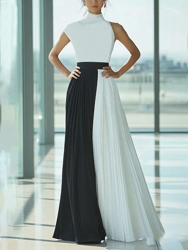 High Waisted Loose Contrast Color Pleated Mock Neck Maxi Dresses
