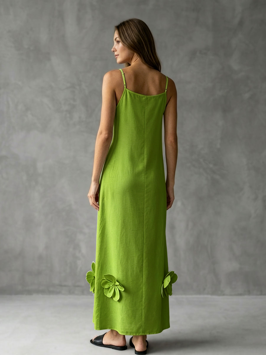 Pleated Solid Color Split-Joint Three-Dimensional Flower A-line Loose Spaghetti-Neck Midi Dresses