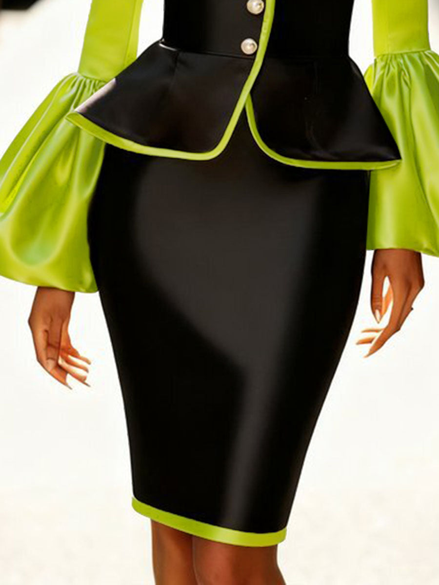 Buttoned Pleated Split-Joint Flared Sleeves Long Sleeves V-Neck Outerwear