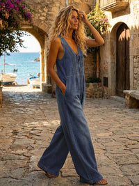 Hollow Pleated Pockets Solid Color Split-Joint Tied Loose Sleeveless Deep V-Neck Jumpsuits