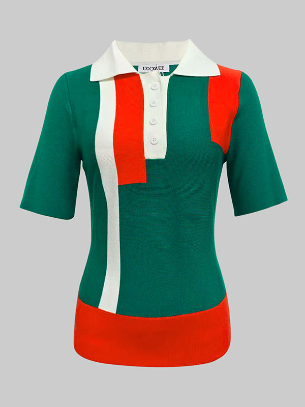 Short Sleeves Skinny Buttoned Contrast Color Lapel Polo-Style T-Shirts Tops