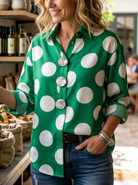 Buttoned Contrast Color Polka-Dot Long Sleeves Loose Lapel Blouses&shirts Tops