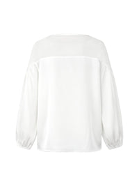 Loose Puff Sleeves Applique Flower Shape Mesh Split-Joint Round-Neck Blouses&Shirts Tops