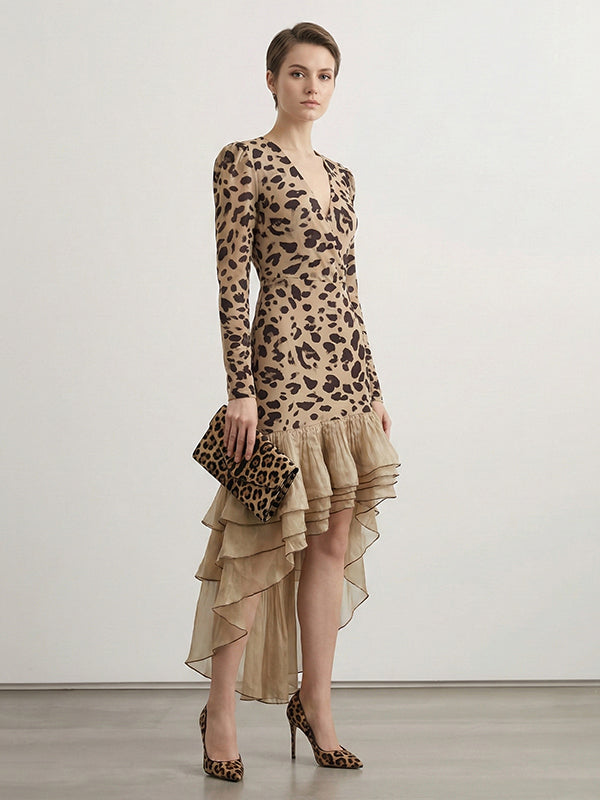 Bodycon High-Low Contrast Color Leopard Ruffled Split-Joint Deep V-Neck Midi Dresses