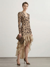 Bodycon High-Low Contrast Color Leopard Ruffled Split-Joint Deep V-Neck Midi Dresses