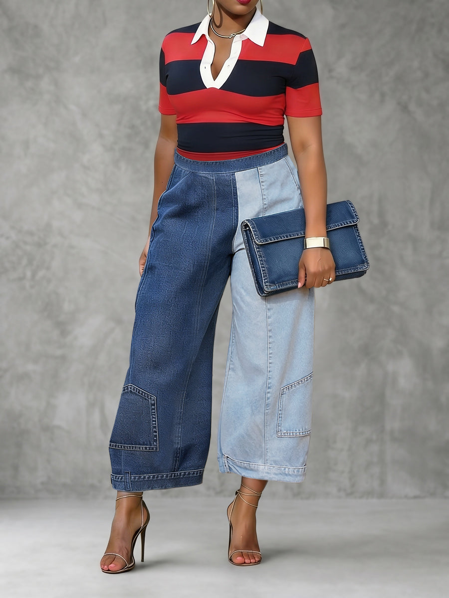 Contrast Color Pockets Loose Wide Leg Jean Pants Bottoms