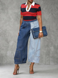 Contrast Color Pockets Loose Wide Leg Jean Pants Bottoms
