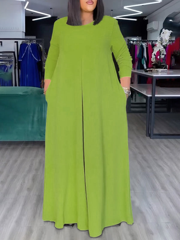 Loose Wide Leg Pockets Solid Color Round-Neck Jumpsuits