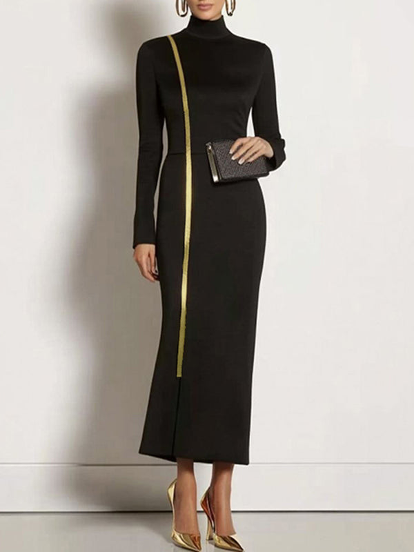 Bodycon Long Sleeves Asymmetric Split-Joint High Neck Maxi Dresses