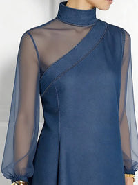 Asymmetric Mesh Split-Joint Long Sleeves Puff Sleeves Mock Neck Blouses&Shirts Tops