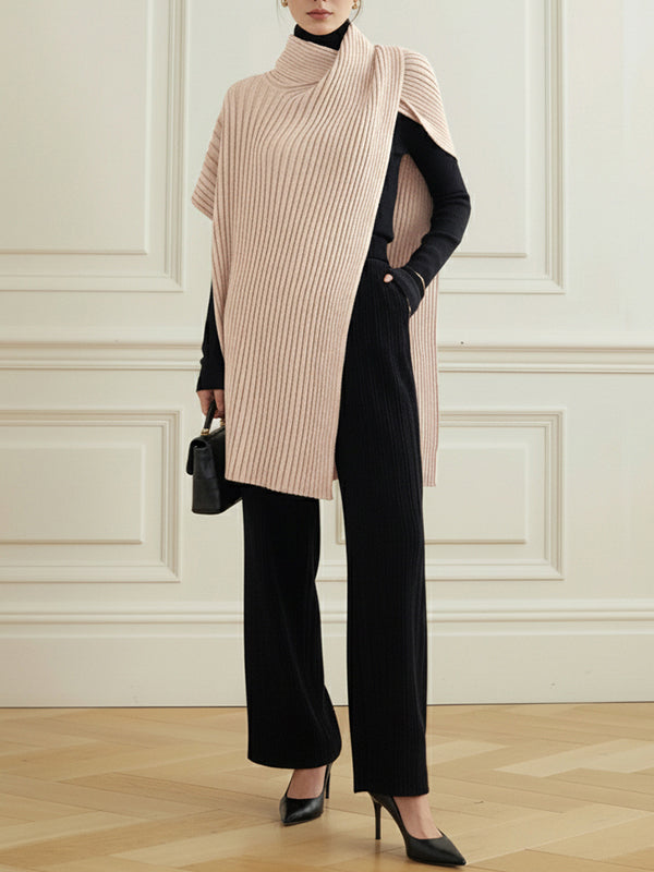 Asymmetric Solid Color Split-Joint Loose High Neck Sweater Tops