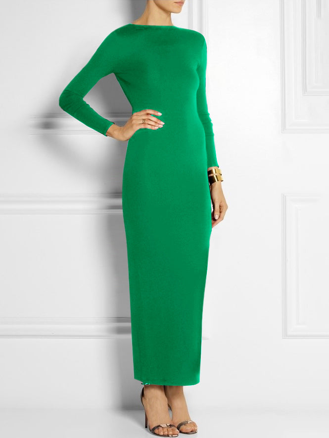 Solid Color Split-Side Long Sleeves Skinny Maxi Dresses