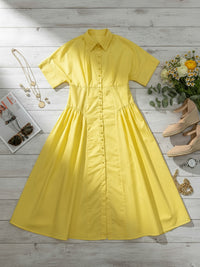 Loose Short Sleeves Buttoned Pleated Solid Color Lapel Collar Midi Dresses Shirt Dress